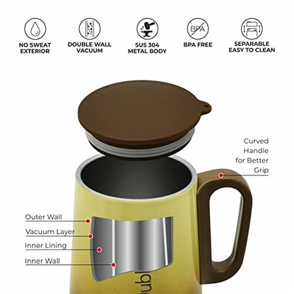 Coffee Mug Double Wall Insulated 304 Stainless Steel Brown 270 ML with Handle and Lid