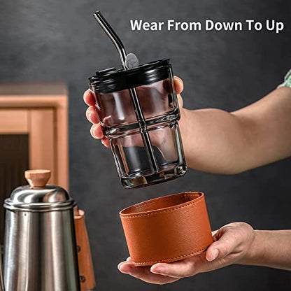 Glass Coffee Mug with Leather Sleeve and Silicone Straw, 435ml Capacity