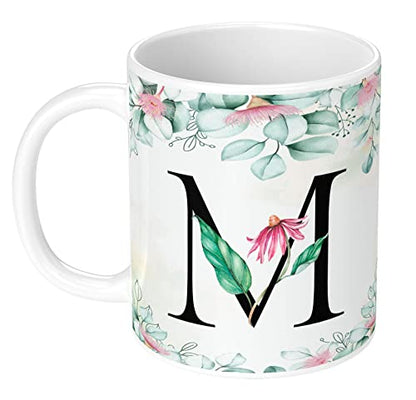 Coffee Mug Floral Alphabet Letter M Design Ceramic 350ml