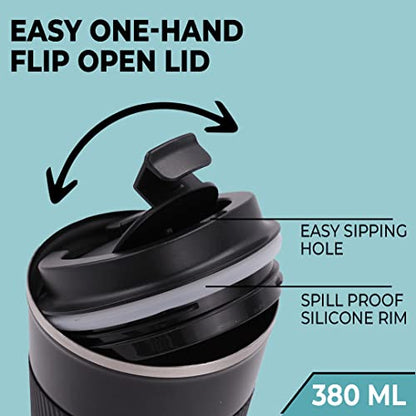 Insulated Coffee Mug with Lid & Sleeve - Double Wall Stainless Steel - 380ml - Black
