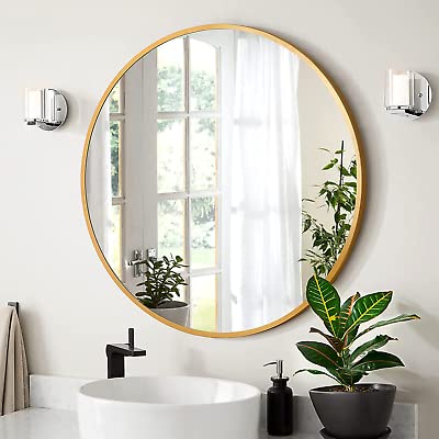 Modern Round Wall Mirror with Metal Frame in Gold - 24 Inch