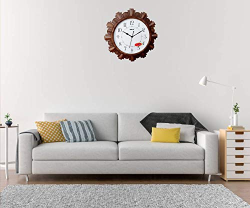 Analog Wall Clock with Wooden Finish - Brown, 32 x 4.5 cm, Plastic