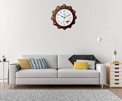 Analog Wall Clock with Wooden Finish - Brown, 32 x 4.5 cm, Plastic