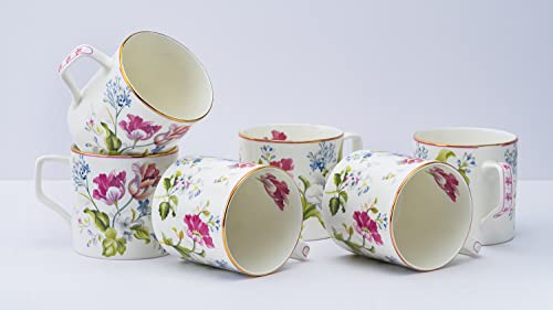 Coffee Mug Set of 6 - Bone China with Pink & White Gold Line - 220ml