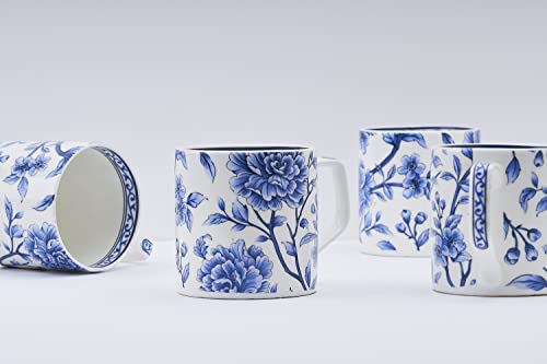 Coffee Mug Set of 6 - Ceramic Blue Floral Design - 220ml - Microwave Safe