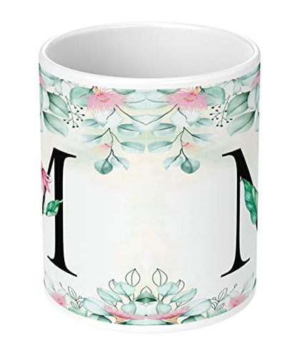 Coffee Mug Floral Alphabet Letter M Design Ceramic 350ml