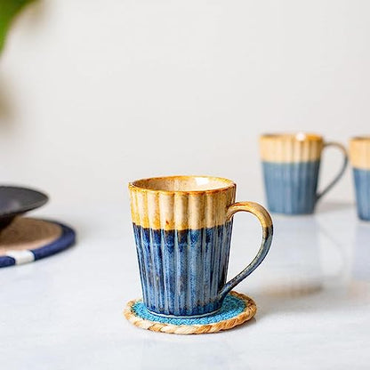 Coffee Mug Handmade Pottery Dark Blue & Mustard Glaze 300 ml 10 Oz