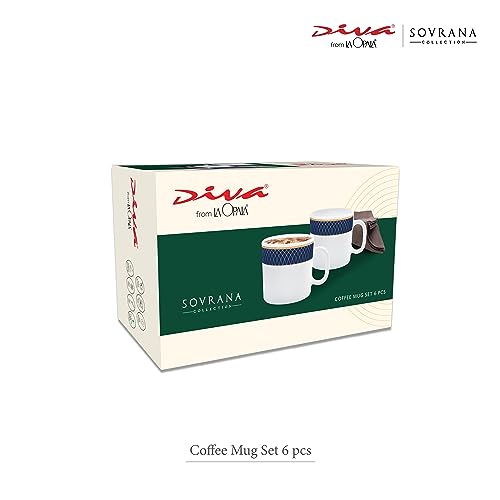 Coffee Mug Set 6 pcs, Opal Glass, Regent Blue & White, Thermal Shock Resistant