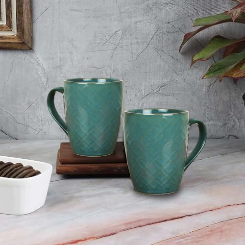 Ceramic Coffee Mug Set of 4 - 320ml Blue Textured Microwave Safe