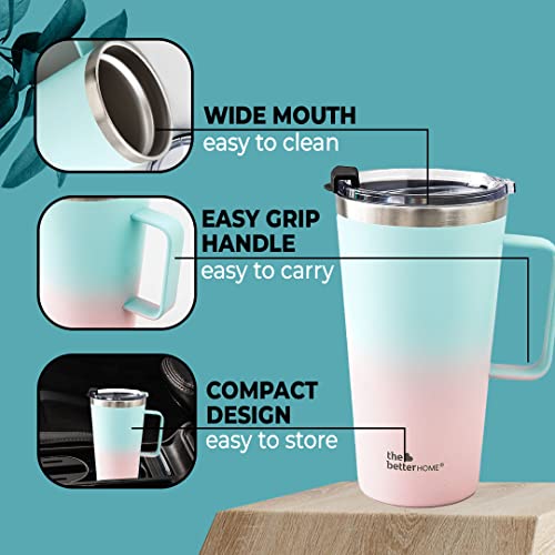 Insulated Coffee Mug with Lid & Handle - Double Wall Stainless Steel - 450ml - Blue-Pink