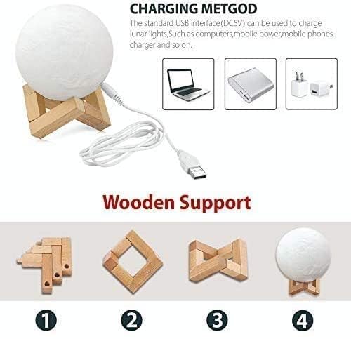 3D Moon Lamp with Wooden Stand - 15cm Touch Sensor LED Night Light - USB Rechargeable - 7 Color Changing