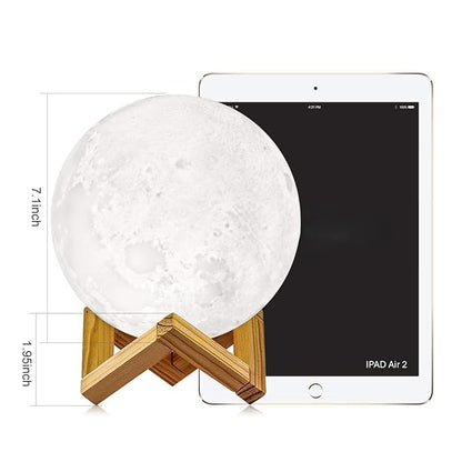 3D Moon Lamp with Wooden Stand - 15cm Touch Sensor LED Night Light - USB Rechargeable - 7 Color Changing