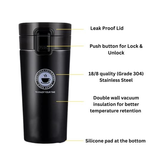 Vacuum Insulation Coffee Mug with Lid, Stainless Steel, Black, 360 ml