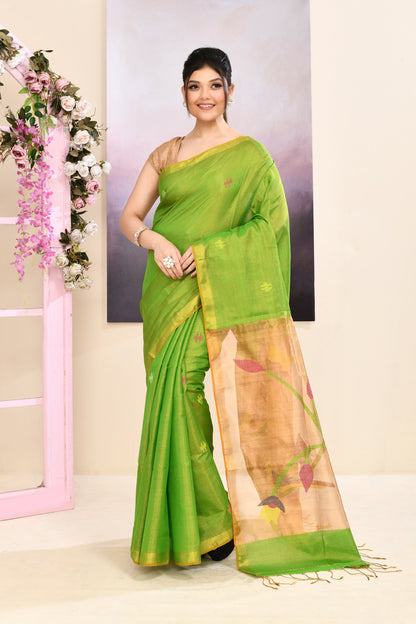 Piyari Fashion Women's Green Embellished Tissue Jamdani Saree