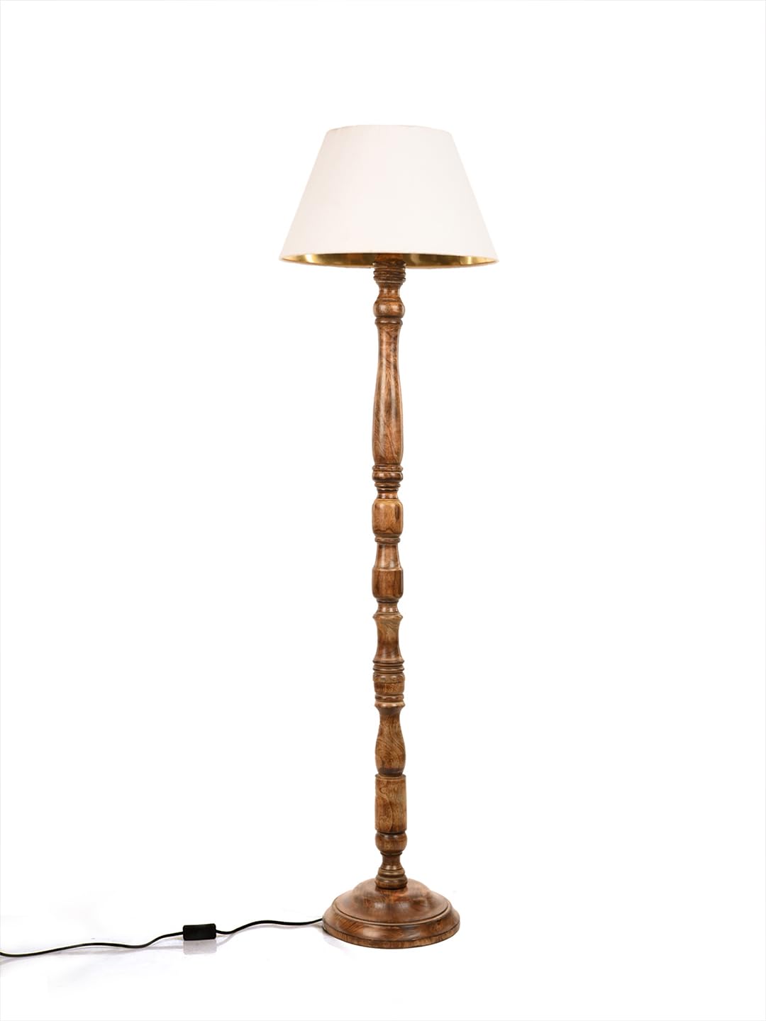 Wooden Floor Lamp with Cotton Shade in Walnut Brown - 9x15x55 inches - E27 Base