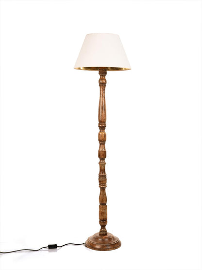 Wooden Floor Lamp with Cotton Shade in Walnut Brown - 9x15x55 inches - E27 Base
