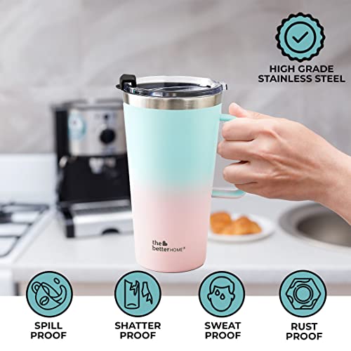 Insulated Coffee Mug with Lid & Handle - Double Wall Stainless Steel - 450ml - Blue-Pink