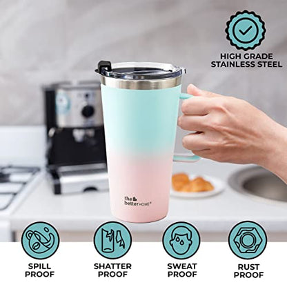 Insulated Coffee Mug with Lid & Handle - Double Wall Stainless Steel - 450ml - Blue-Pink