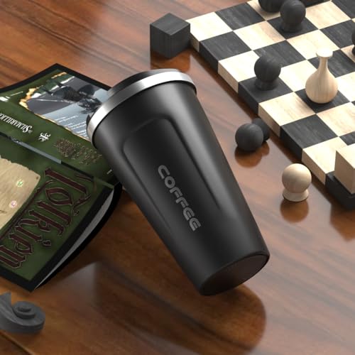 Coffee Mug with Spill-Proof Flip Lid - Onyx Black - Stainless Steel - Double Walled - Insulated for 8 Hours Hot & 14 Hours Cold