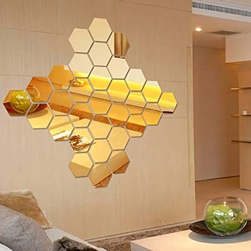 Hexagonal Wall Mirror Stickers - 3D Effect - Gold - Large - Each Hexagon Size 10.5 cm x 12.1 cm - Pack of 2