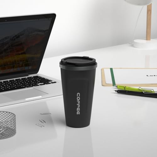 Coffee Mug with Spill-Proof Flip Lid - Onyx Black - Stainless Steel - Double Walled - Insulated for 8 Hours Hot & 14 Hours Cold