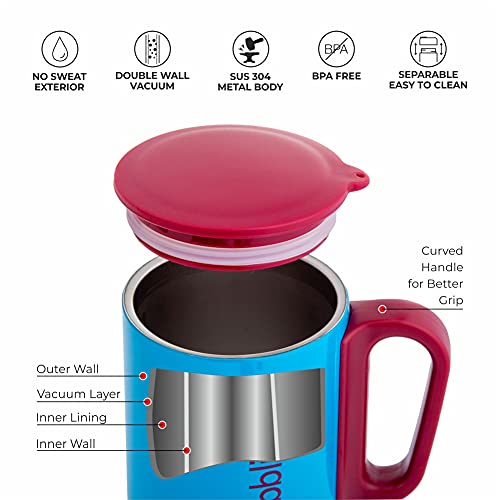 Coffee Mug Double Wall Insulated Stainless Steel Blue 220 ML with Handle and Lid