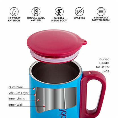 Coffee Mug Double Wall Insulated Stainless Steel Blue 220 ML with Handle and Lid