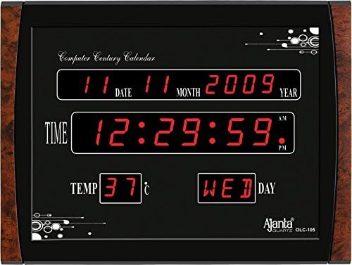 Digital Wall Clock with Red LED Display, 39.6 cm x 29.6 cm, Black Plastic