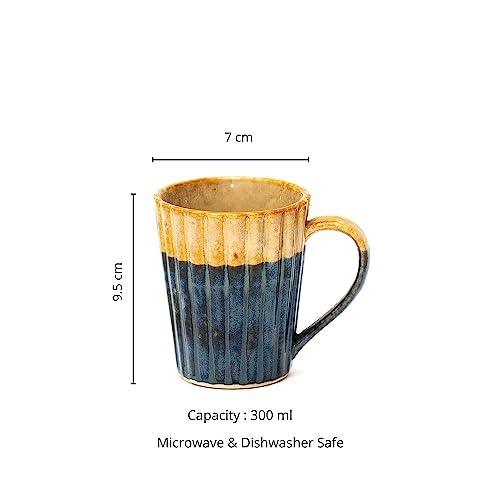 Coffee Mug Handmade Pottery Dark Blue & Mustard Glaze 300 ml 10 Oz