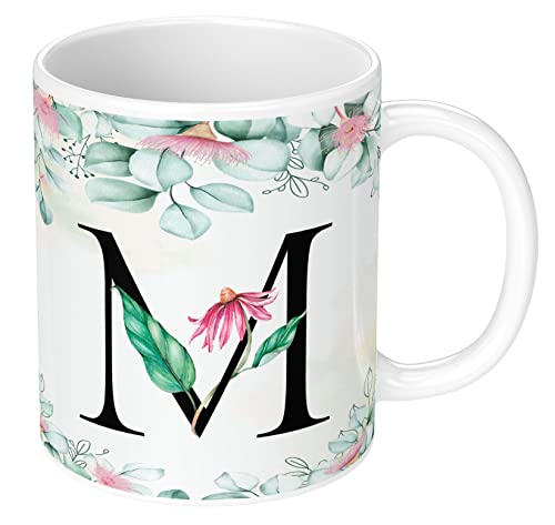 Coffee Mug Floral Alphabet Letter M Design Ceramic 350ml