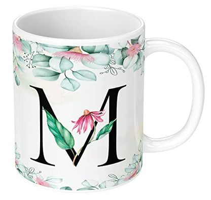 Coffee Mug Floral Alphabet Letter M Design Ceramic 350ml