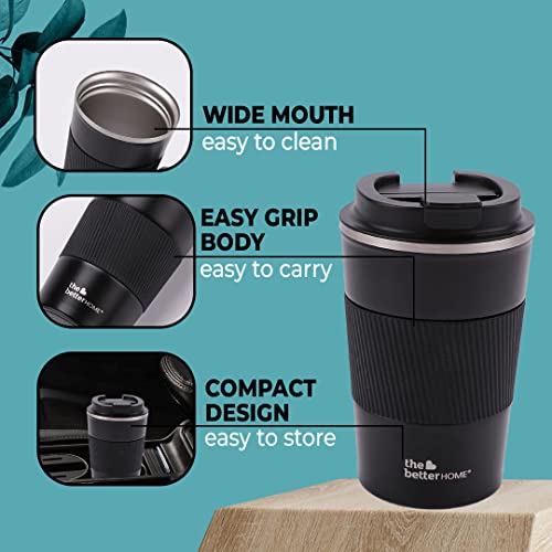 Insulated Coffee Mug with Lid & Sleeve - Double Wall Stainless Steel - 380ml - Black