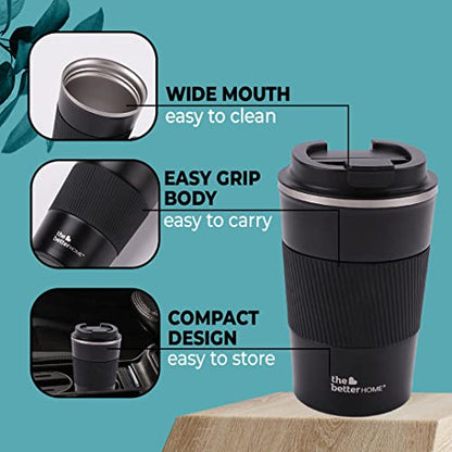 Insulated Coffee Mug with Lid & Sleeve - Double Wall Stainless Steel - 380ml - Black