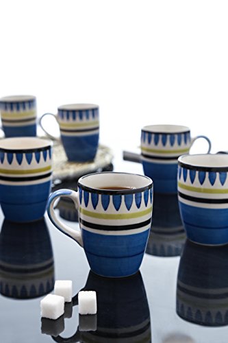 Coffee Mug Set of 6 - Handpainted Blue Ceramic - 8cm Diameter, 10cm Height