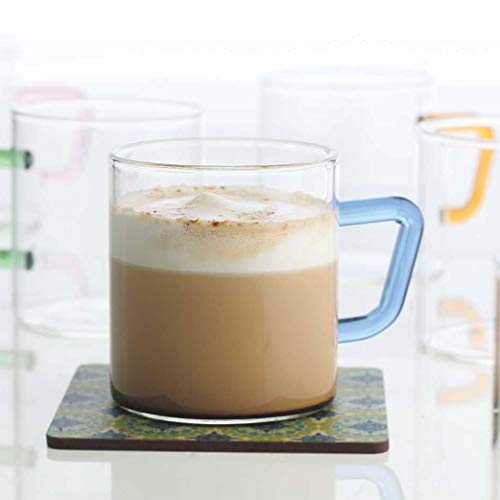 Coffee Mug Set of 6 - Borosilicate Glass, Blue Handle, 190 ml, Microwave Safe