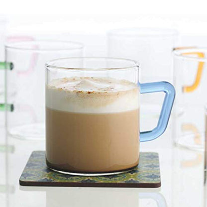 Coffee Mug Set of 6 - Borosilicate Glass, Blue Handle, 190 ml, Microwave Safe