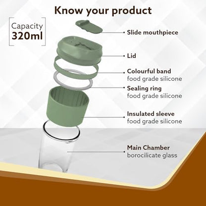 Coffee Mug with Locking Sipper Lid, Borosilicate Glass, 320ml, Green Silicone Sleeve