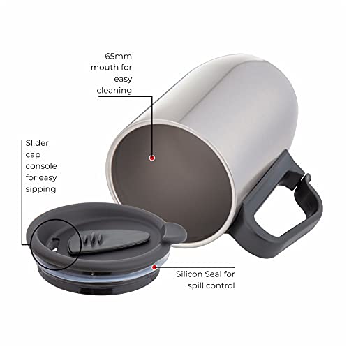 Coffee Mug Double Wall Insulated Stainless Steel Silver 350 ml with Handle and Lid
