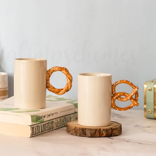 Coffee Mug Set of 2 - Ceramic Pretzel & Bagel Design - 250 ml Capacity