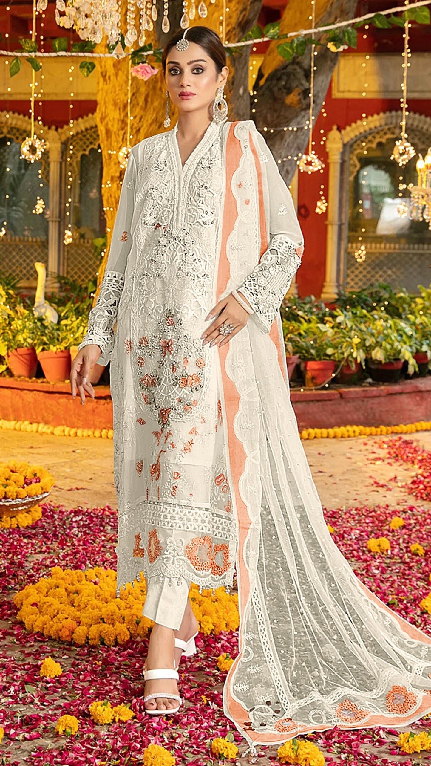 Anaita White & Peach Chiffon Suit with Embroidery & Sequence Work