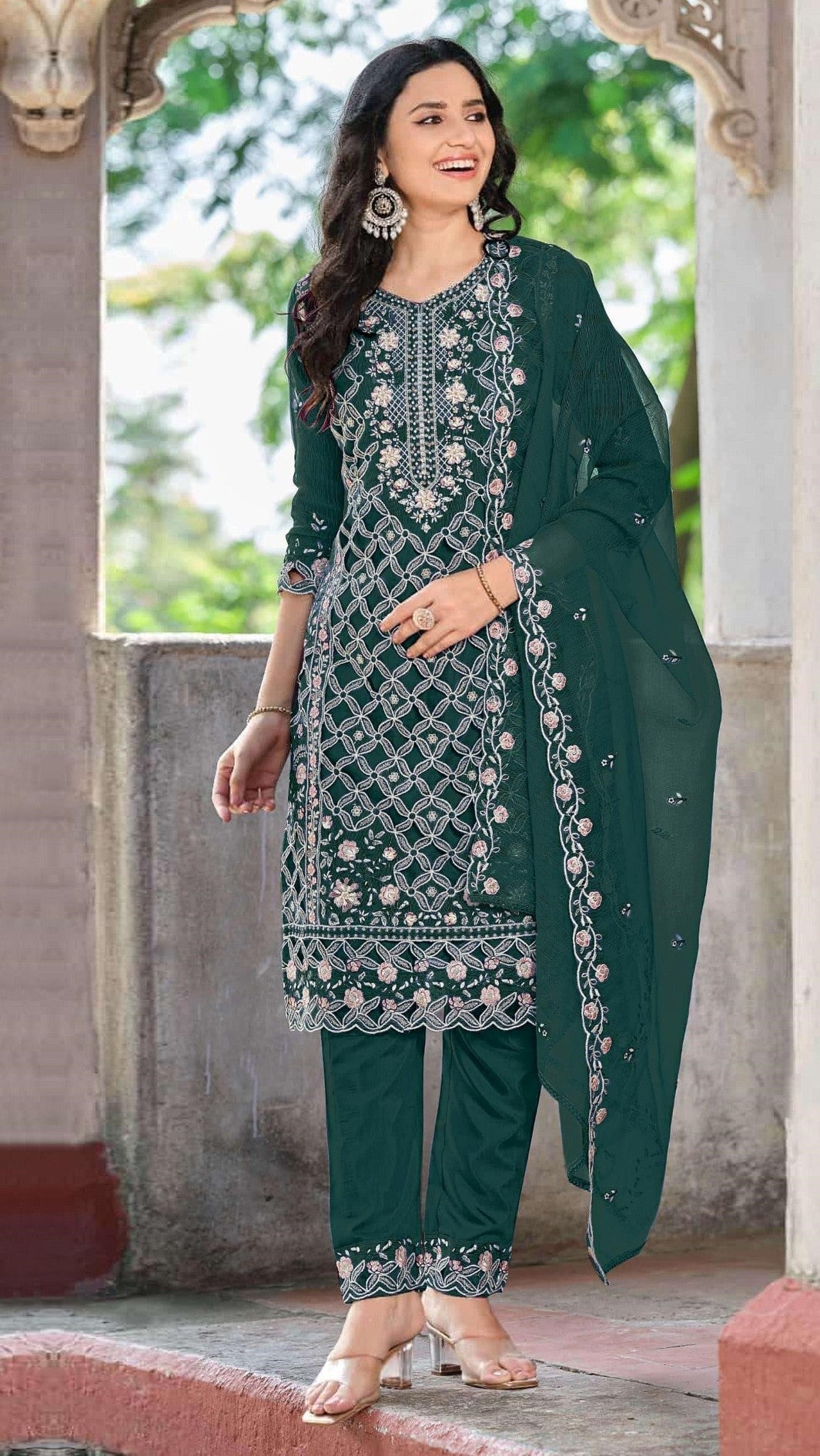 Anaita Green Chiffon Suit With Embroidered Sequence Work