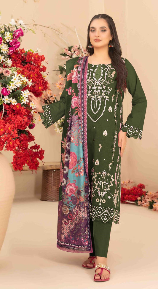 Anaita Mehendi Cambric Cotton Suit With Embroidered & Khatli Work