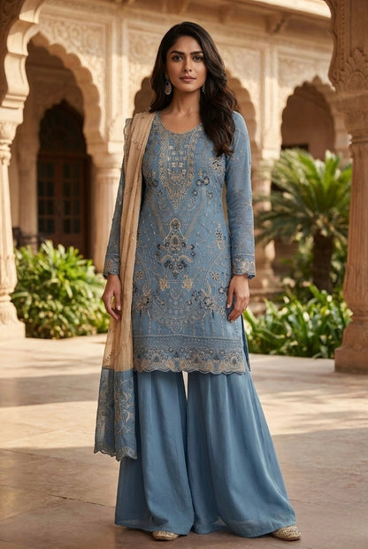 Anaita Blue Silk Suit with Embroidery & Khatli Work