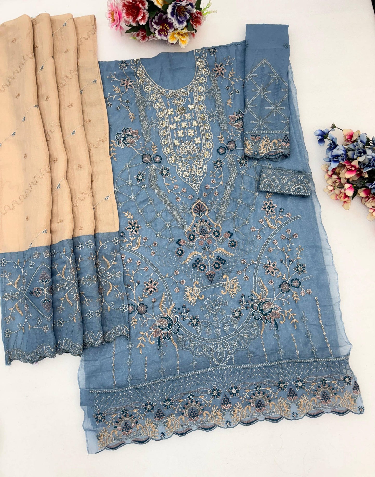 Anaita Blue Silk Suit With Embroidery & Sequence Work