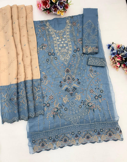 Anaita Blue Silk Suit With Embroidery & Sequence Work