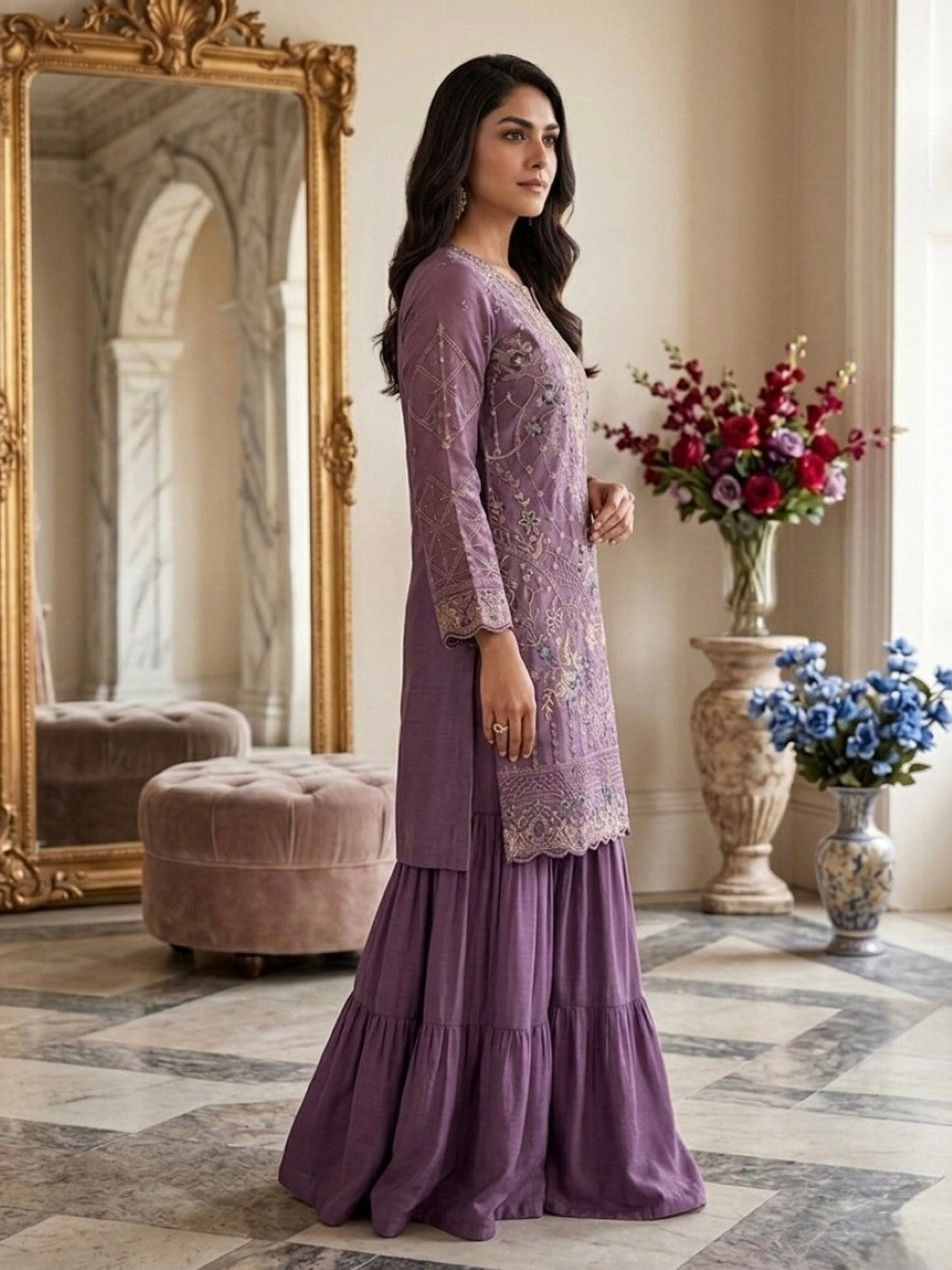 Anaita Purple Silk Suit with Embroidery & Khatli Work