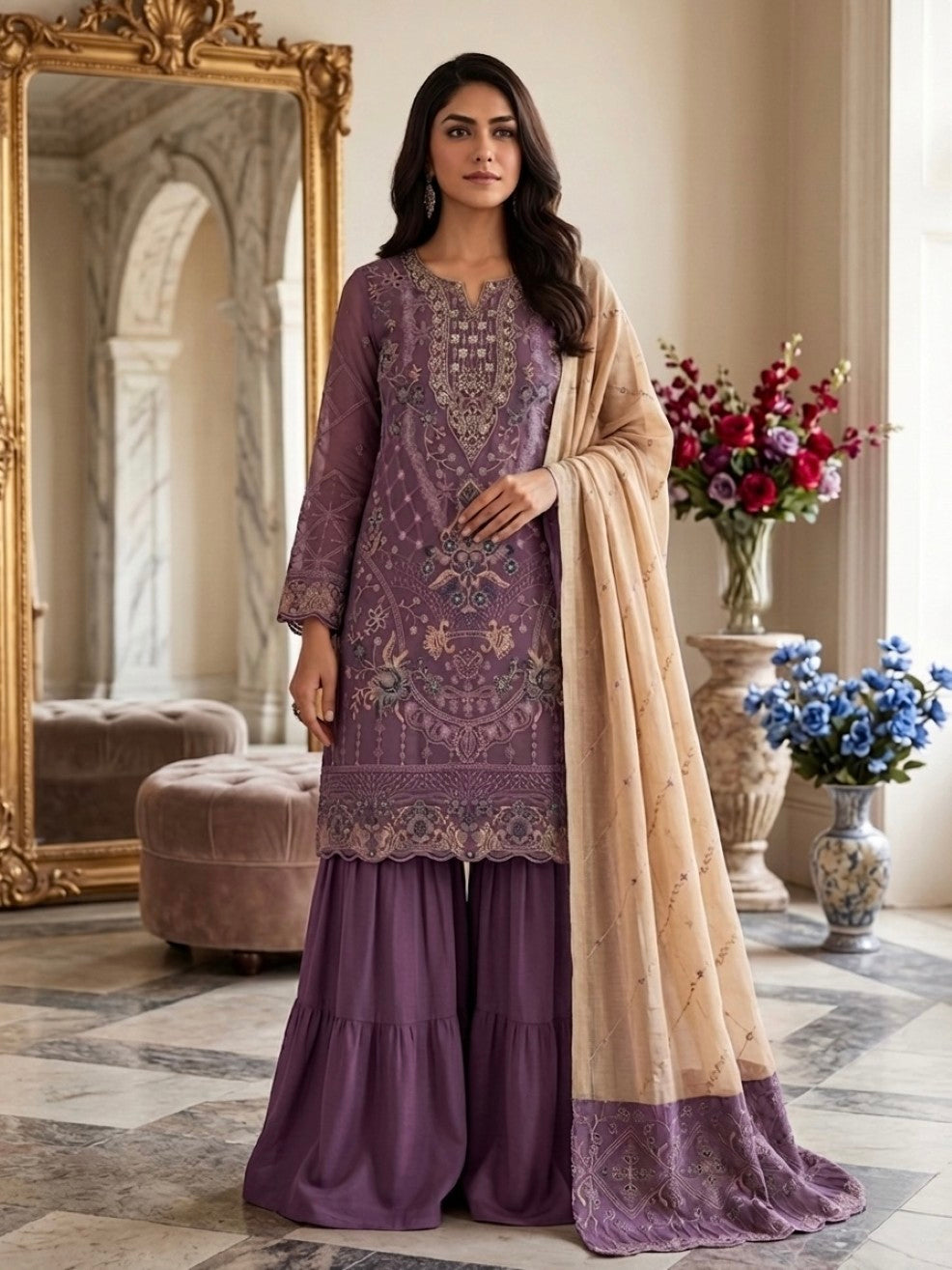 Anaita Purple Silk Suit with Embroidery & Khatli Work