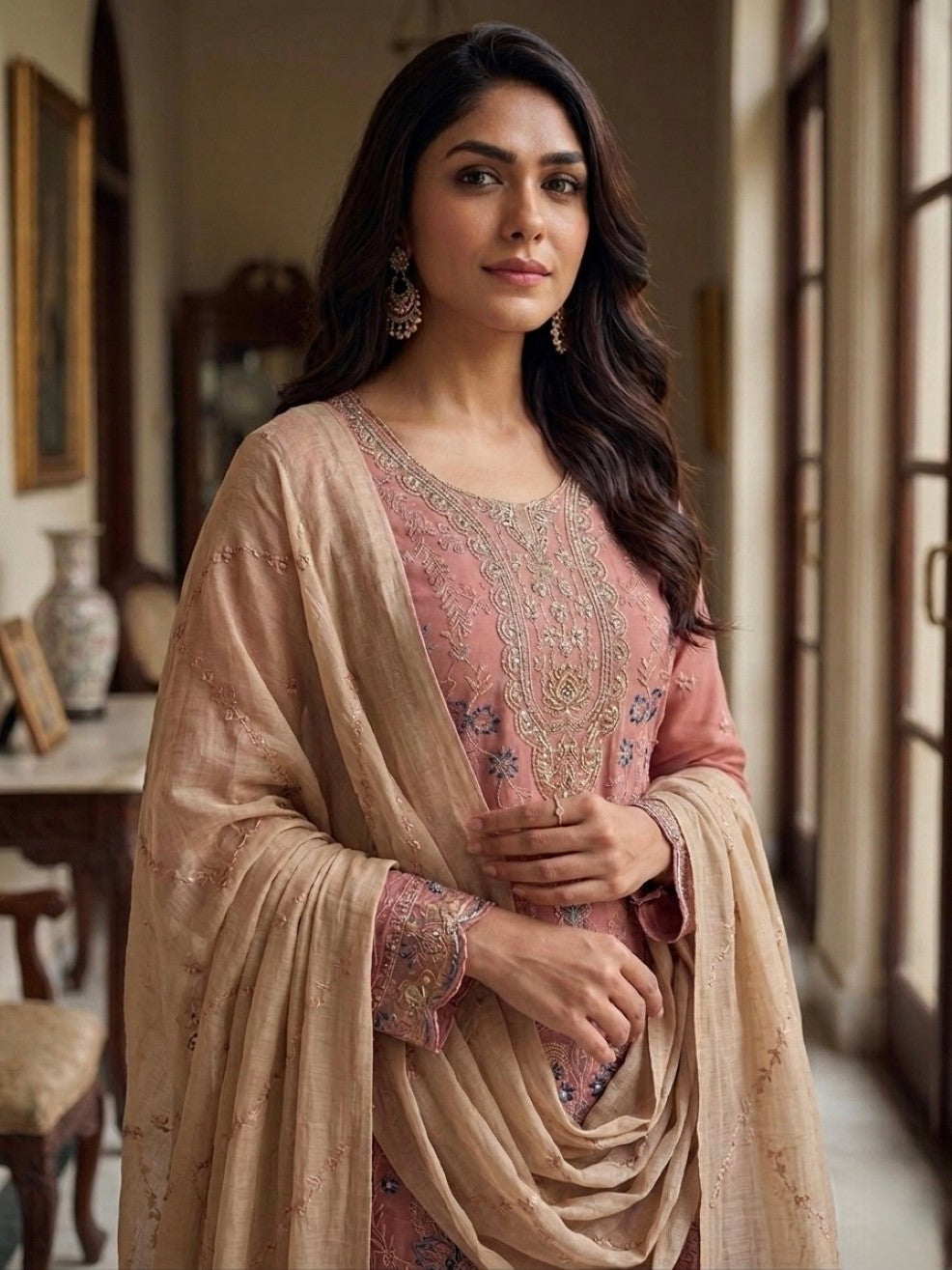 Anaita Peach Silk Suit with Embroidery & Khatli Work