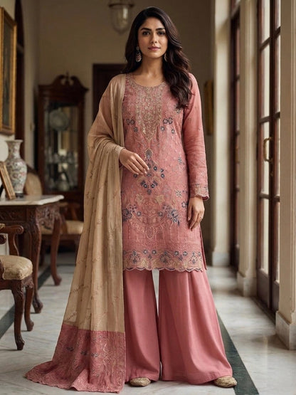 Anaita Peach Silk Suit with Embroidery & Khatli Work