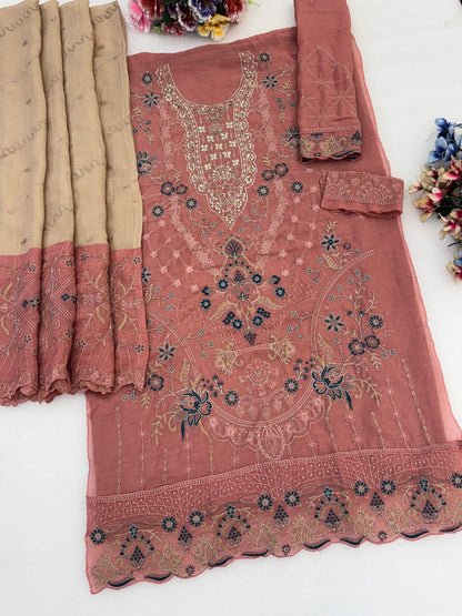 Anaita Peach Silk Suit With Embroidery & Sequence Work
